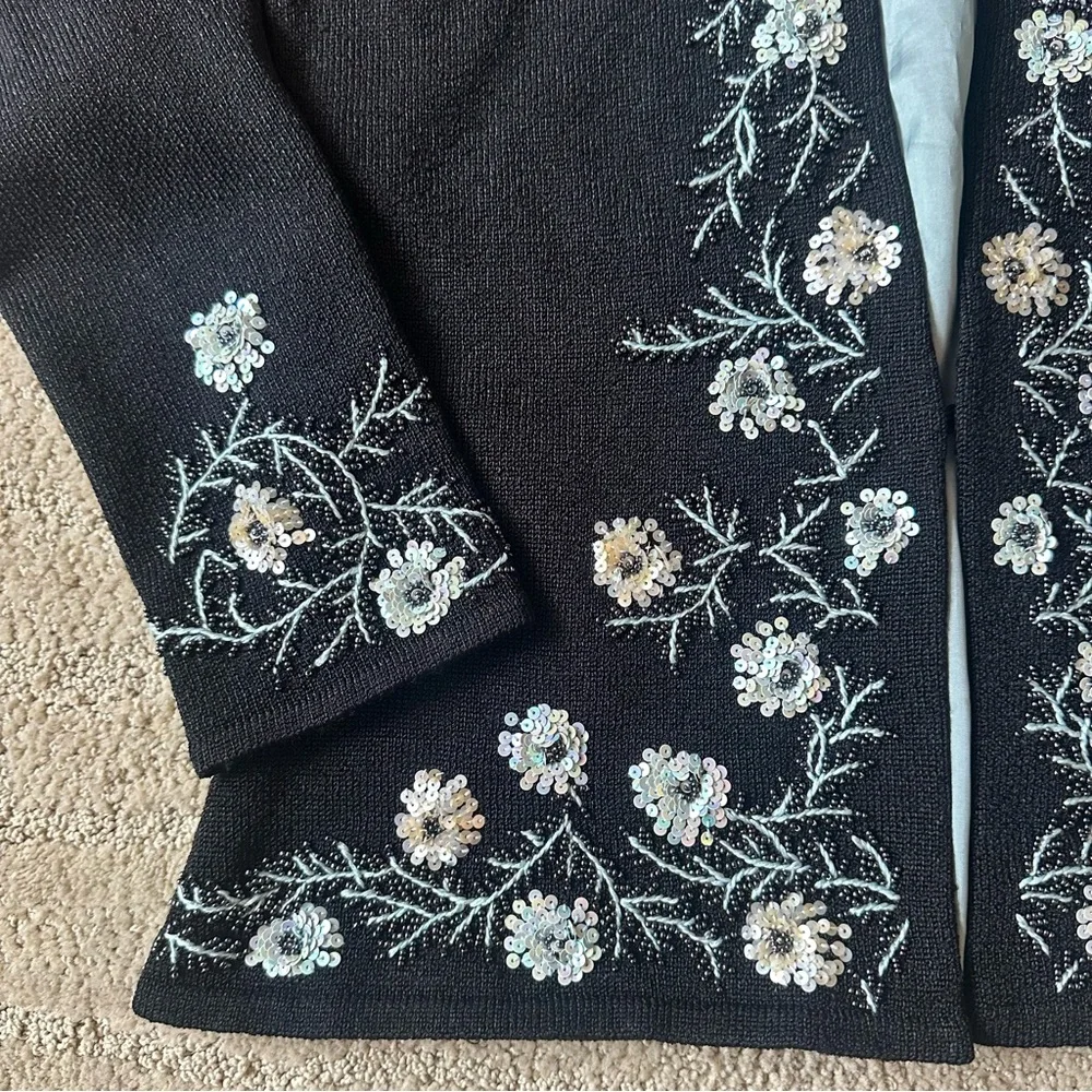 Sigrid Olsen Floral Parisian Party Beaded Sequin Cardigan Sweater Black Size SP